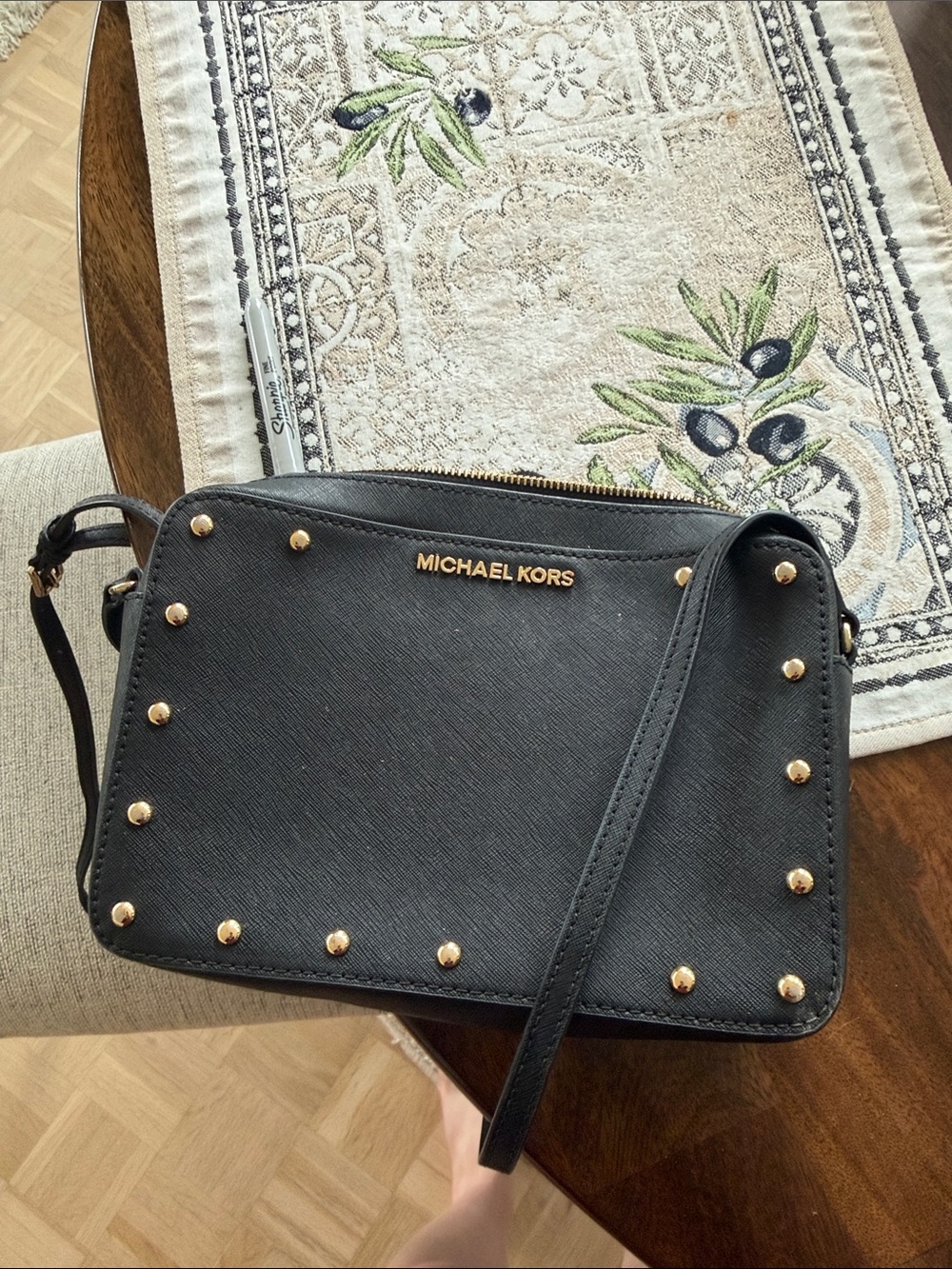 Michael Kors Black Crossbody with Gold Studs